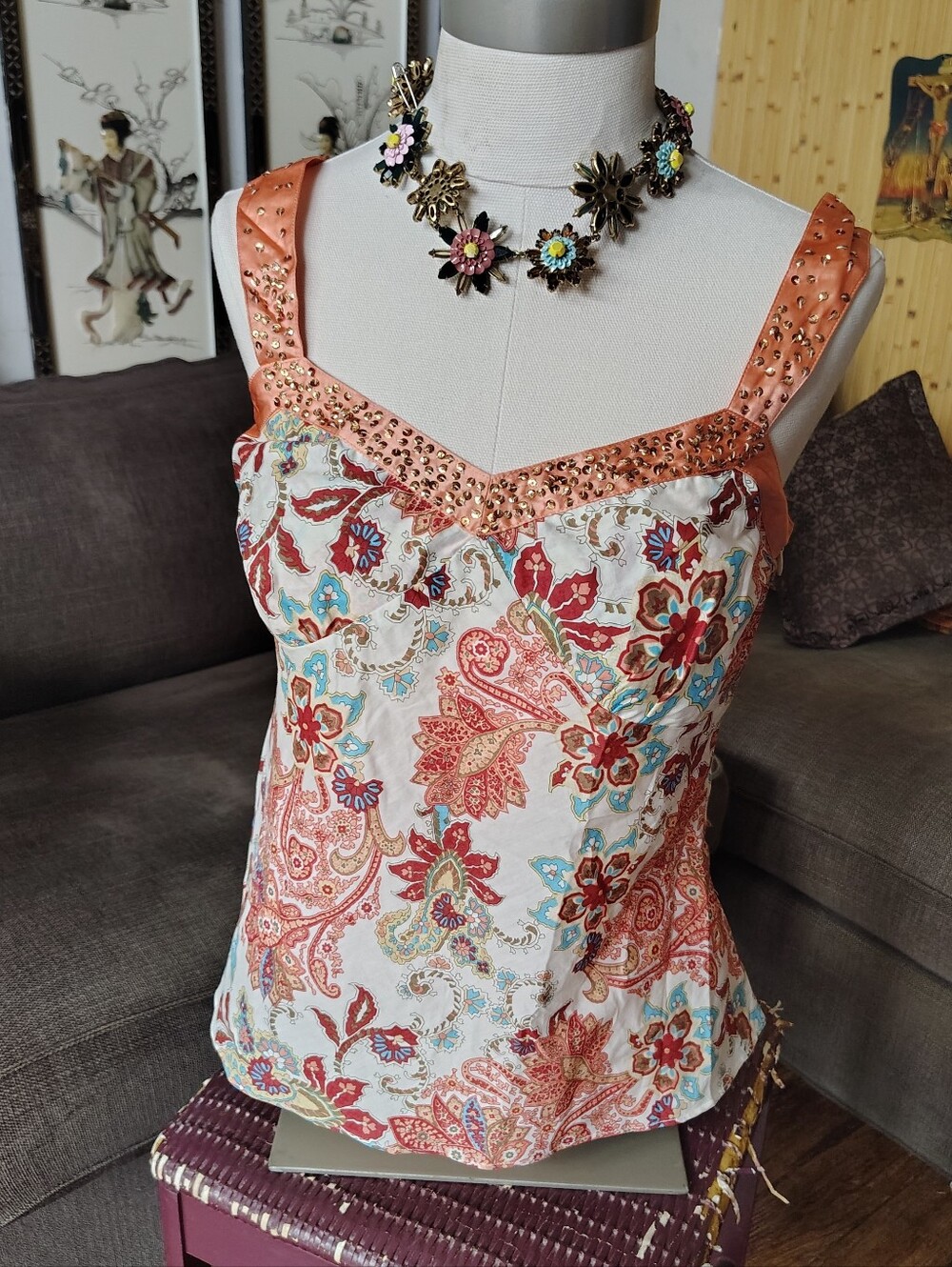 Vintage Y2K Beaded Tank Top Womens Small Paisley Babydoll Whimsigoth NWT New